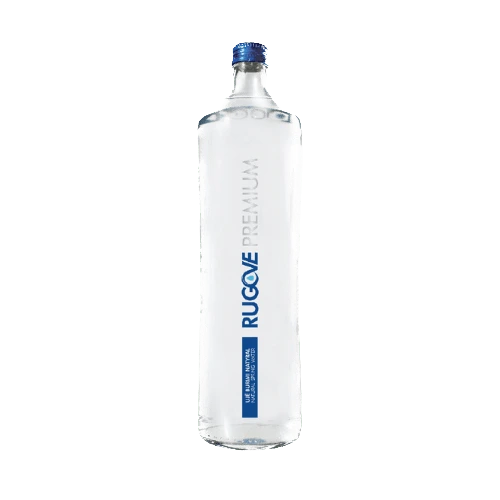 Sleek and transparent 1-liter premium glass water bottle with a simple yet elegant design, labeled RUGOVE PREMIUM in blue, signifying a product of purity and high quality.