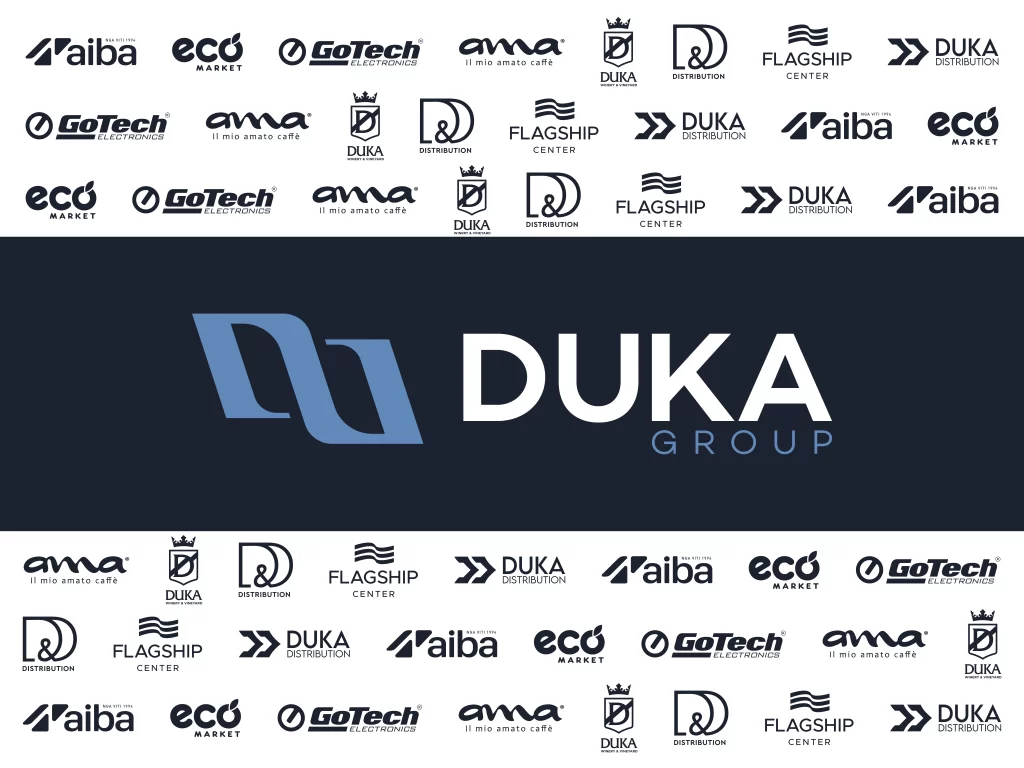 DUKA Group white banner, with the logo in a dark blue rectangle background in the middle, and all the group's companies' logos in dark blue color surrounding it