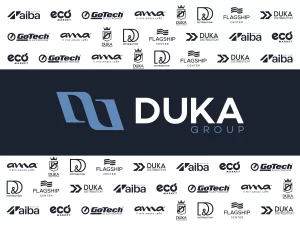 DUKA Group white banner, with the logo in a dark blue rectangle background in the middle, and all the group's companies' logos in dark blue color surrounding it