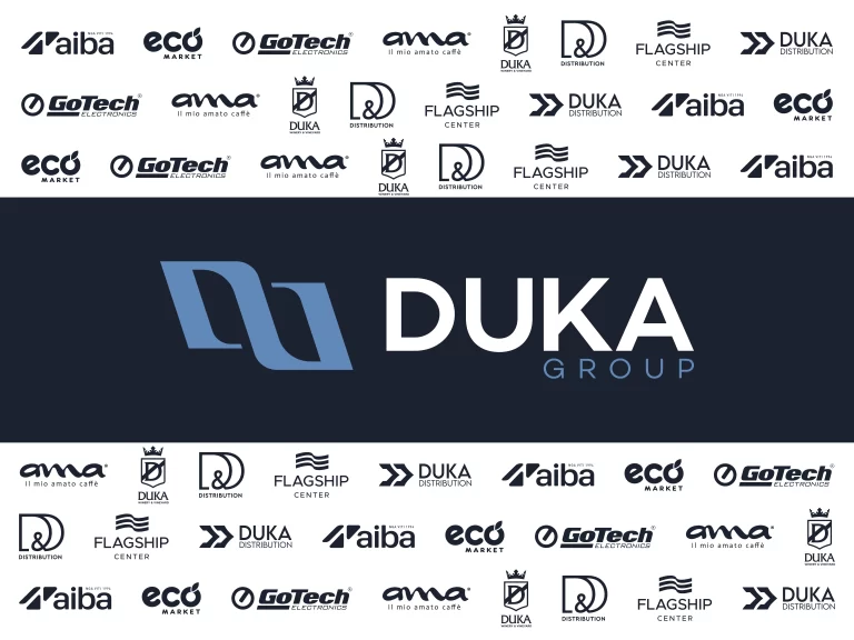 DUKA Group white banner, with the logo in a dark blue rectangle background in the middle, and all the group's companies' logos in dark blue color surrounding it