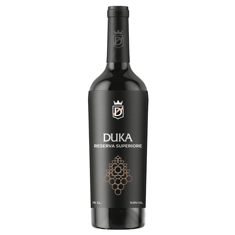 Elegant DUKA Reserva Superiore wine bottle with a sophisticated black label, gold geometric grape cluster design, indicating a premium vintage.