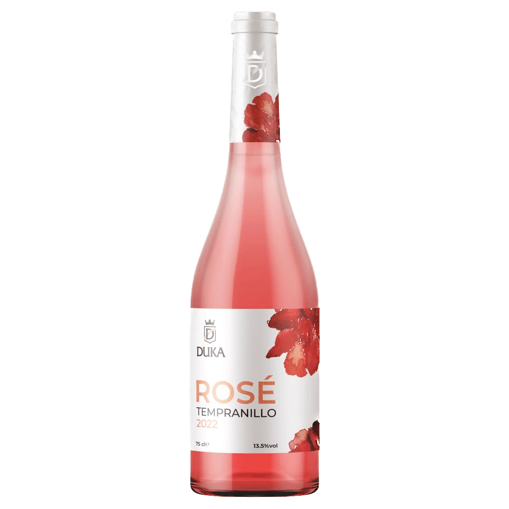 DUKA Rosé Tempranillo 2022 wine bottle with a clear and elegant label design, featuring vibrant red floral accents against a soft pink backdrop, showcasing the brand's logo and wine variety details.