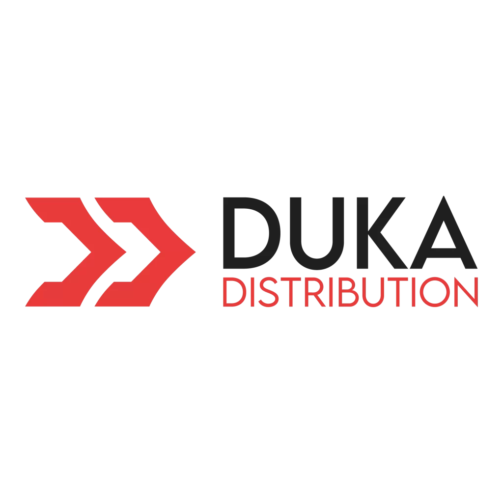DUKA Distribution logo with forward-pointing chevrons, conveying motion and progress in distribution services. Part of DUKA Investment Management Group.