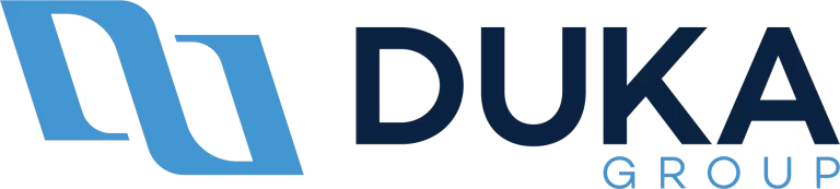 DUKA Group logo in light and dark blue, featuring bold and italicised typography for a modern and dynamic corporate image.
