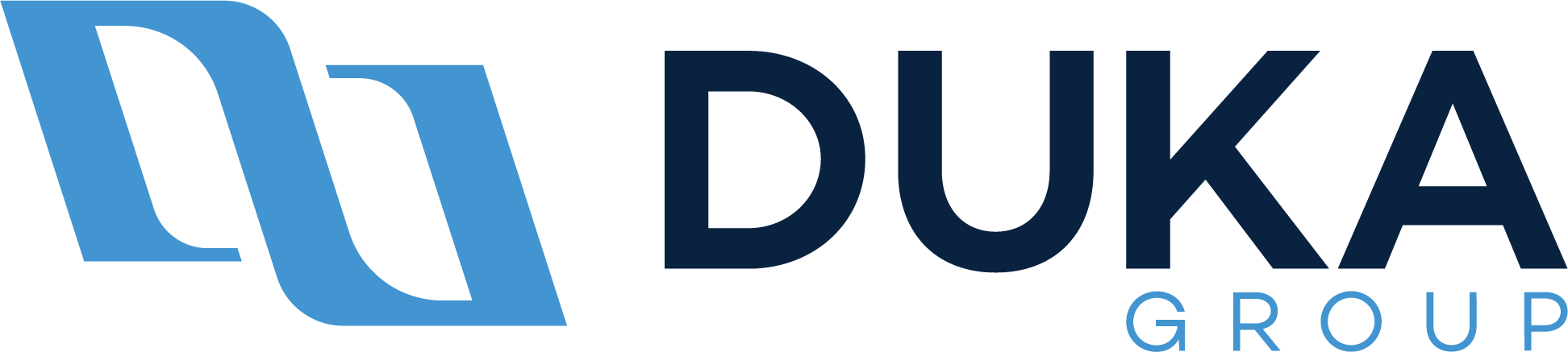 DUKA Group logo in light and dark blue, featuring bold and italicised typography for a modern and dynamic corporate image.
