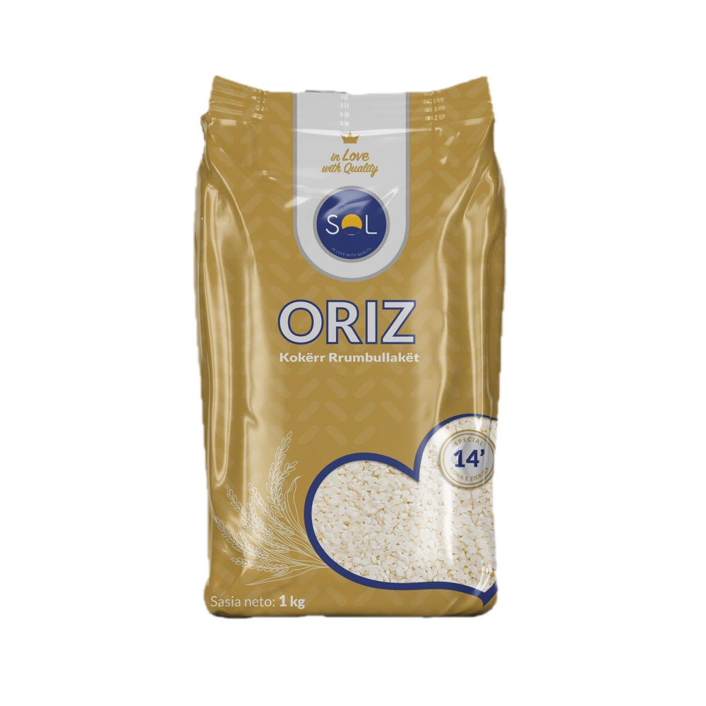 SOL brand package of premium quality white rice, presented in a dark yellow and blue packaging with a heart-shaped window revealing the rice grains, signifying the brand's love for quality.