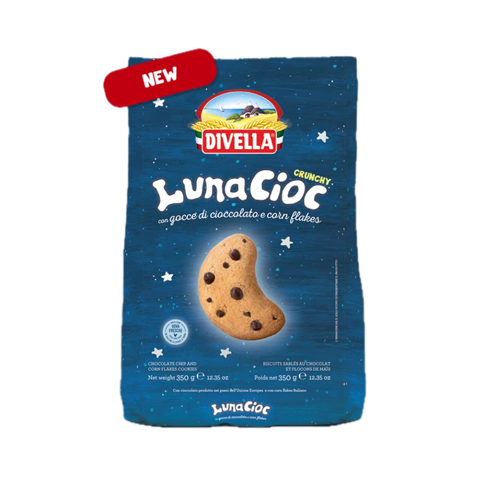 Divella LunaCioc new chocolate chip and corn flakes cookies packaging with a vibrant blue starry background and a 'New' label, highlighting the product's novelty.