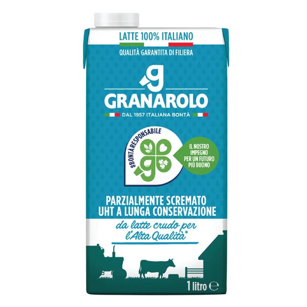 Granarolo UHT semi-skimmed milk carton, emphasizing 100% Italian quality milk, with eco-friendly branding and a blue and green packaging design.