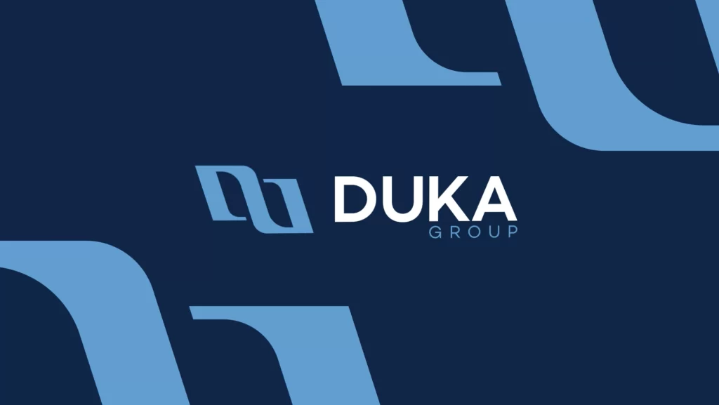 DUKA Group logo set against a deep blue background with logo shapes, representing the brand identity of the company in a modern and sleek design.