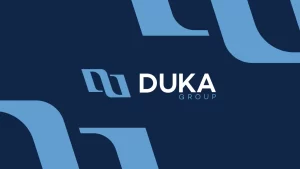 DUKA Group logo set against a deep blue background with logo shapes, representing the brand identity of the company in a modern and sleek design.