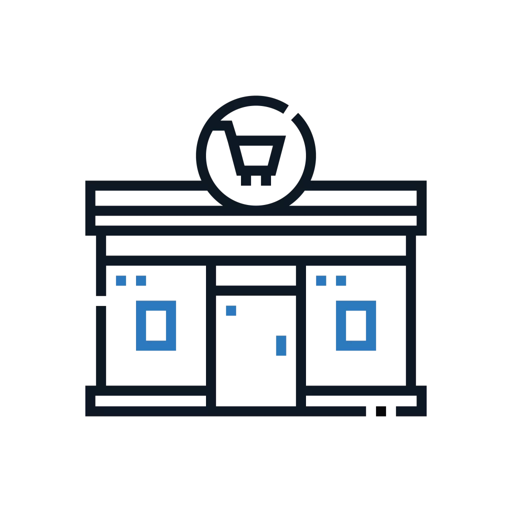 Icon depicting a storefront of the companies of the Investment Management Group with a shopping cart emblem, representing a retail shop or marketplace, designed in a simple line art style with a dark and light blue colour scheme.