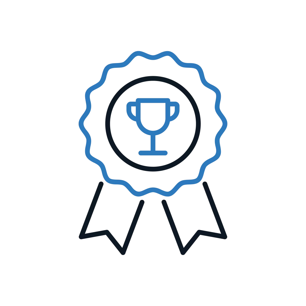 Icon of a ribbon badge with a trophy, representing achievement, quality assurance. Showing people's trust in DUKA Investment Management Group.